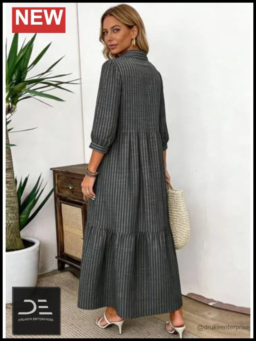 Women's Striped Shirt Maxi Dress - Boho Breezy 3/4 Sleeve Collared